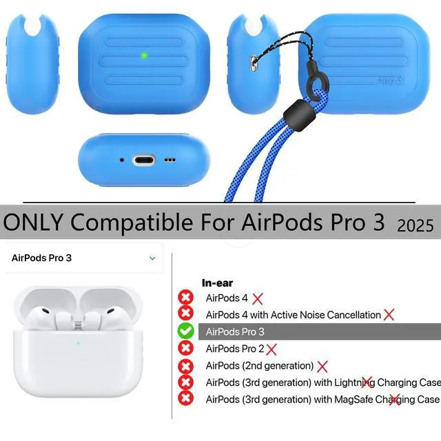 Alt view image 2 of 6 - Anti-Lost Case for AirPods Pro 3 one-Piece Design case,Wireless Charging, LED Visible,Lanyard Included. (Blue)