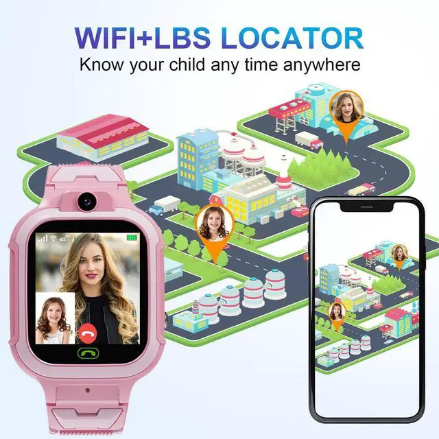 Alt view image 4 of 7 - 4G Kids Smart Watch GPS Tracker - Smartwatch with Two Way Call Video Calling Voice Chat SOS Class Mode Stopwatch Pedometer Games Wi-Fi Touch Screen Alarm Clock Smartwatches for Boys Girl (Pink)