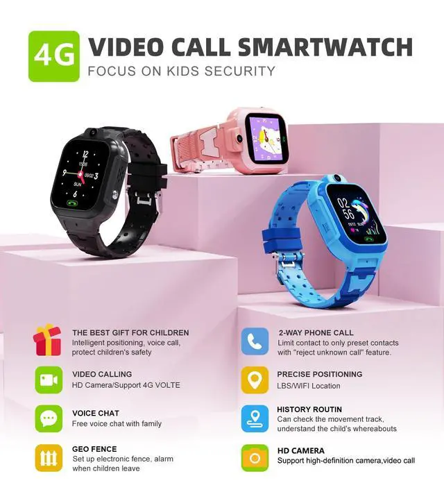 Alt view image 7 of 7 - 4G Kids Smart Watch GPS Tracker - Smartwatch with Two Way Call Video Calling Voice Chat SOS Class Mode Stopwatch Pedometer Games Wi-Fi Touch Screen Alarm Clock Smartwatches for Boys Girl (Pink)