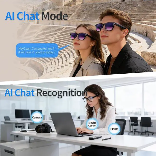 Alt view image 3 of 7 - AI Smart Glasses with 4K Camera, 8MPW Anti-Shake Bluetooth Camera Glasses for Women Men, 1080P Video Recording Dual Mic Noise Reduction, Real Time Translation, Voice Assistant for Travel (3 lenses)