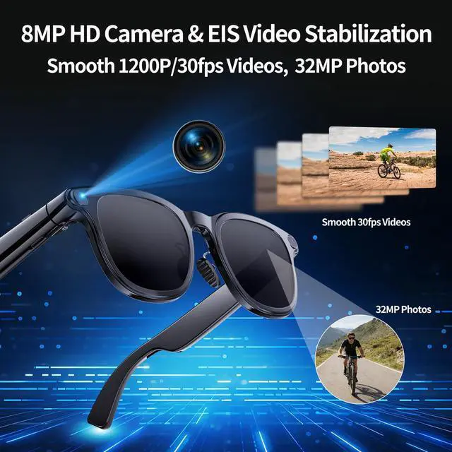 Alt view image 4 of 7 - AI Smart Glasses with 4K Camera, 8MPW Anti-Shake Bluetooth Camera Glasses for Women Men, 1080P Video Recording Dual Mic Noise Reduction, Real Time Translation, Voice Assistant for Travel (3 lenses)