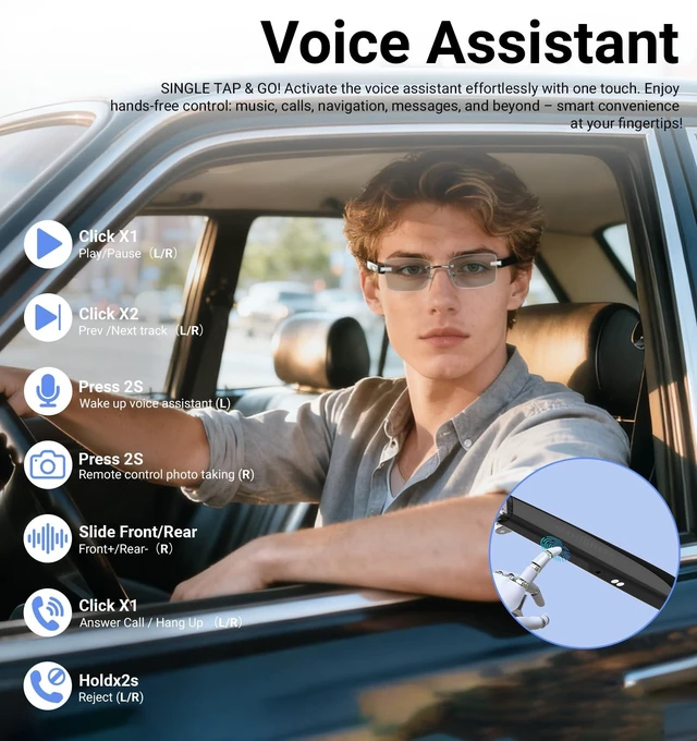 Alt view image 7 of 7 - Smart Glasses,Rimless Photochromic Bluetooth Glasses with Speaker&Open-Ear HD Sound Mic- UV400 Protection, Voice Control & Hands-Free Calls,Unisex Safety Sunglasses for Music/Driving