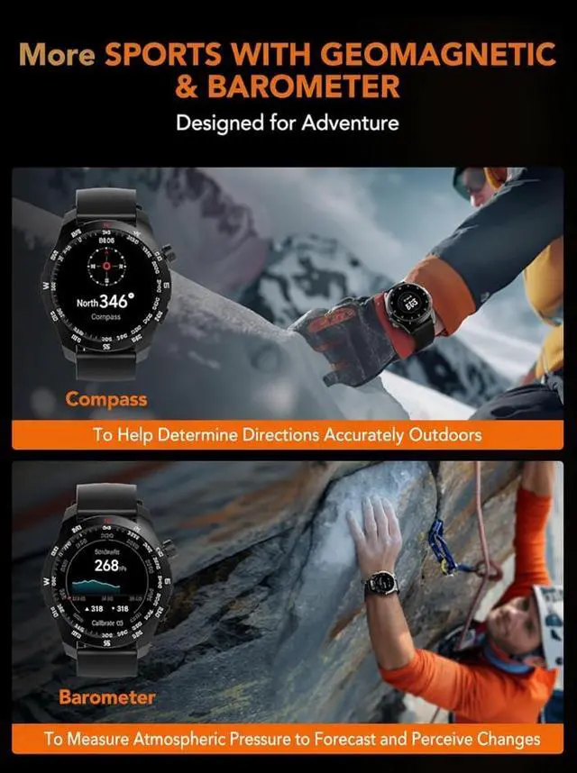 Alt view image 3 of 7 - Smart Watch for Men Women, 1.43" GPS Built-in Smartwatch with 100+ Sports Magnetometer Barometer, 9-Day Runtime 5ATM Waterproof Fitness Watch, for Health Tracker Android iPhone Compatible, GT5