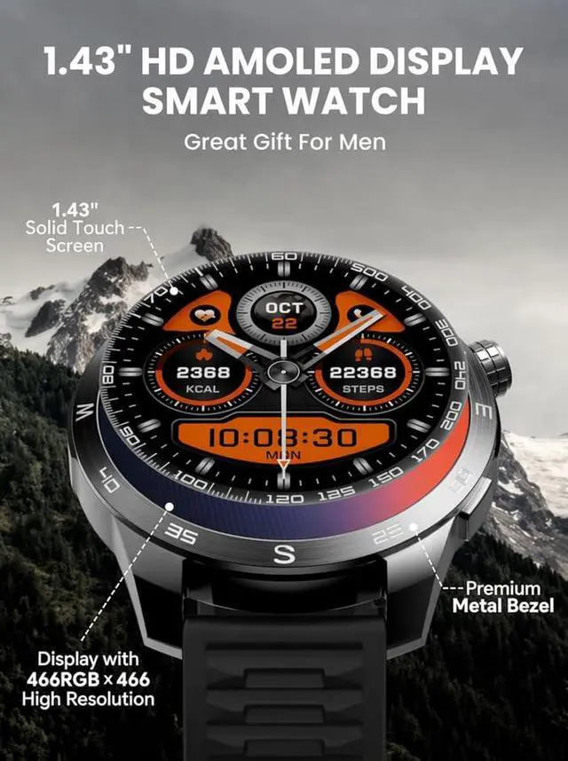 Alt view image 2 of 7 - Smart Watch for Men Women, 1.43" GPS Built-in Smartwatch with 100+ Sports Magnetometer Barometer, 9-Day Runtime 5ATM Waterproof Fitness Watch, for Health Tracker Android iPhone Compatible, GT5