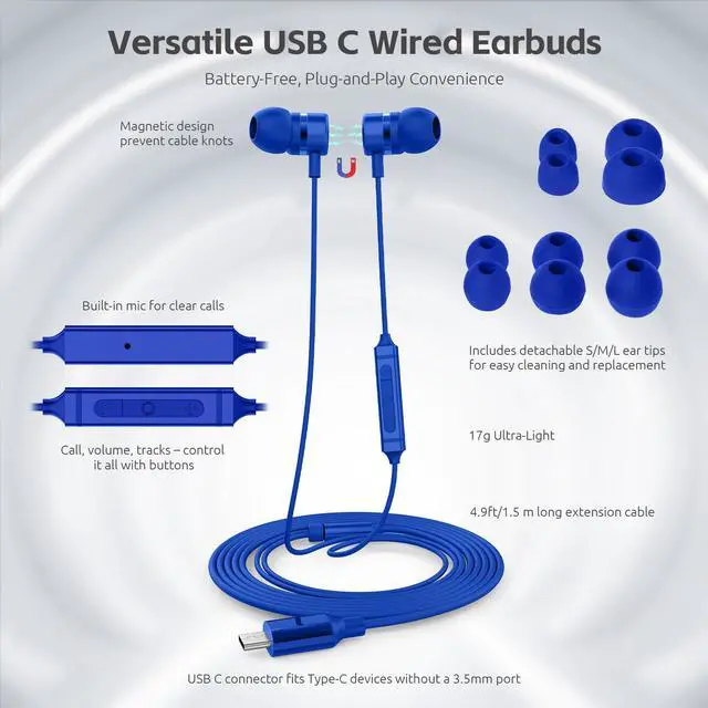 Alt view image 3 of 7 - USB C Headphones for iPhone 15 16 17,for Samsung S20-S23 A53 A54 Type C Wired Earbuds,Built-in Microphone Hi-Fi Bass Earphones,4.9ft Long Cord Magnetic in-Ear Ear Buds with 6 Ear Tips(Blue)