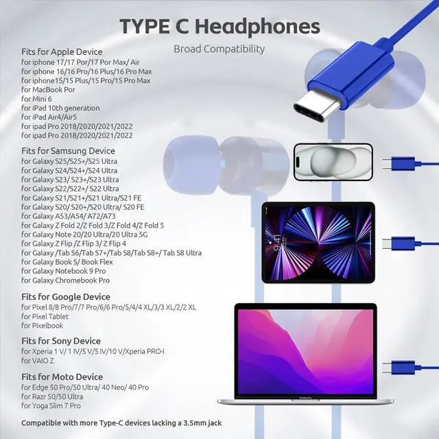 Alt view image 5 of 7 - USB C Headphones for iPhone 15 16 17,for Samsung S20-S23 A53 A54 Type C Wired Earbuds,Built-in Microphone Hi-Fi Bass Earphones,4.9ft Long Cord Magnetic in-Ear Ear Buds with 6 Ear Tips(Blue)