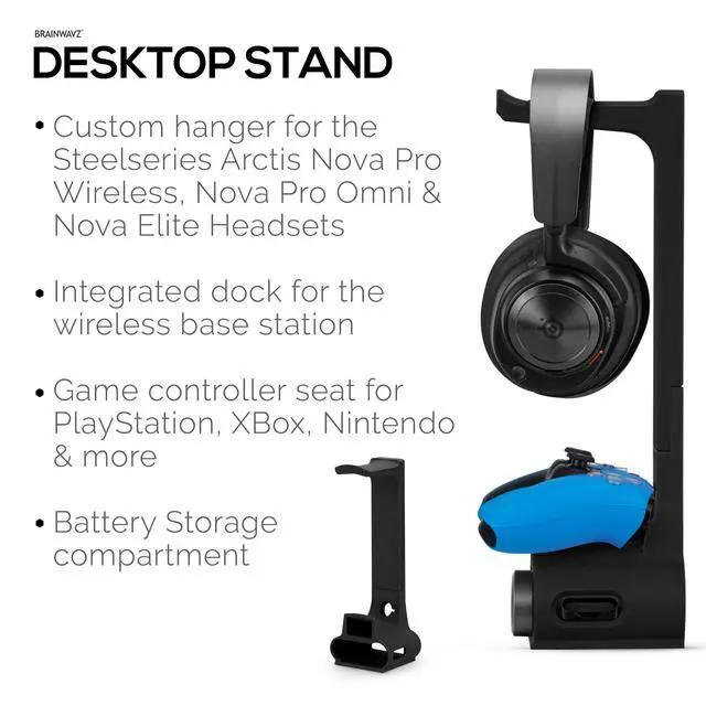 Alt view image 3 of 7 - Headphone & Game Controller Stand Designed for Steelseries Arctis Nova Pro, Elite and Pro Omni Wireless Headsets with Dock for the Wireless Base Station - Black (HP03)