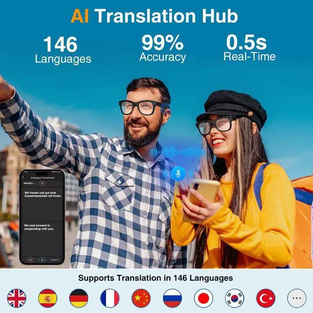 Alt view image 5 of 7 - AI Smart Glasses with Camera and Video Recording for Travel & Work | 8MP HD Camera & Video Recording Glasses,146 Languages Real-Time Translation,AI Voice Assistant & Music, Object Recognition