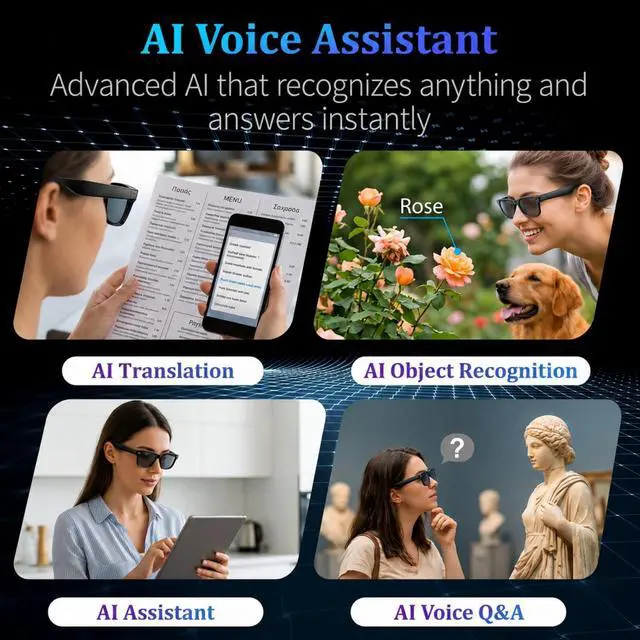 Alt view image 4 of 7 - AI Smart Glasses with Camera, 8MP HD Camera Glasses for Women Men | 1200P HD Video Recording, AI Object Recognition, Voice Assistant, Open-Ear Bluetooth Audio, Photochromic Lenses, Travel, Vlog
