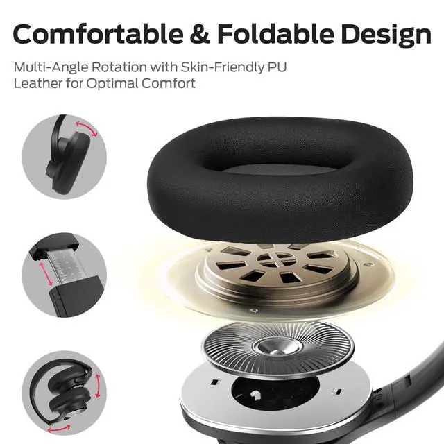 Alt view image 3 of 7 - Mission 200 Bluetooth Headphones, Wireless Over-Ear Bluetooth with 3 EQ Modes,60H Playtime,Low Latency HiFi Stereo Foldable Lightweight Headset,Deep Bass for Home Office Cellphone PC Ect,Black