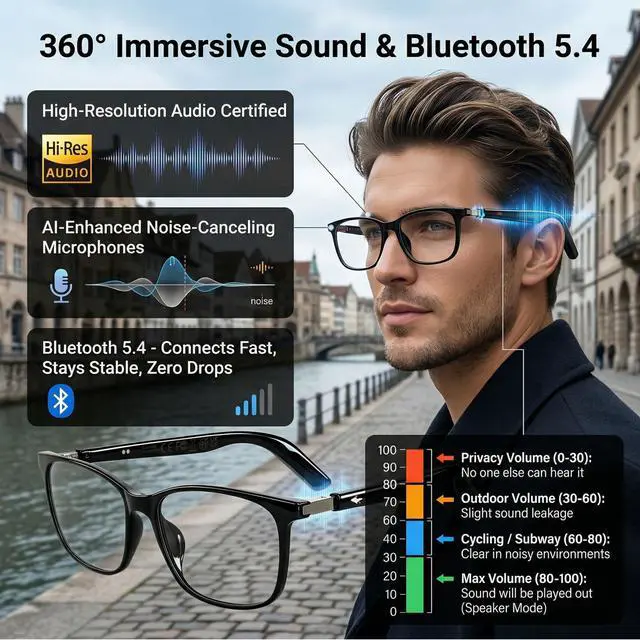 Alt view image 2 of 7 - AI Smart Translation Glasses with Speakers | Bluetooth, 164 Language Translator, Photochromic Lenses, Adjustable Hinges, 170mAh Battery