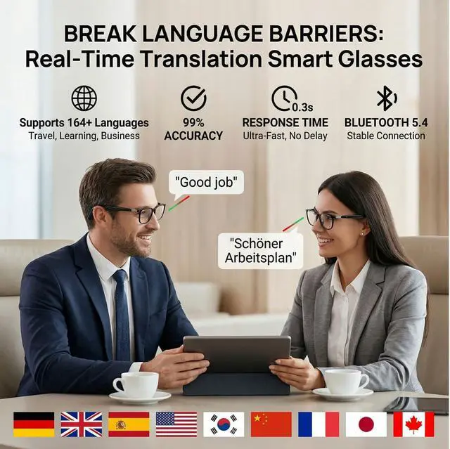 Alt view image 4 of 7 - AI Smart Translation Glasses with Speakers | Bluetooth, 164 Language Translator, Photochromic Lenses, Adjustable Hinges, 170mAh Battery