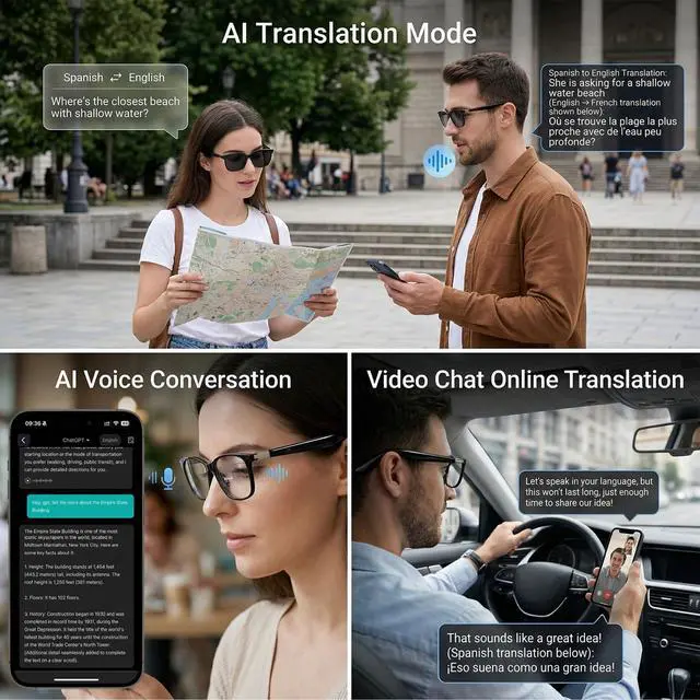 Alt view image 6 of 7 - AI Smart Translation Glasses with Speakers | Bluetooth, 164 Language Translator, Photochromic Lenses, Adjustable Hinges, 170mAh Battery