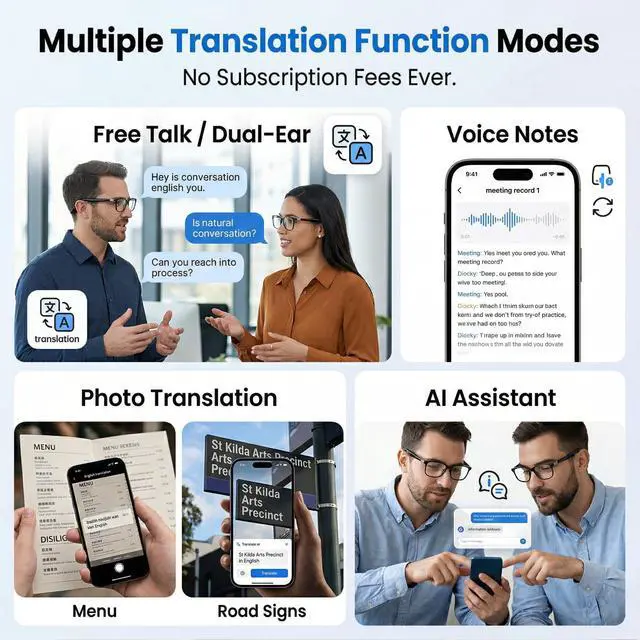 Alt view image 7 of 7 - AI Smart Translation Glasses with Speakers | Bluetooth, 164 Language Translator, Photochromic Lenses, Adjustable Hinges, 170mAh Battery