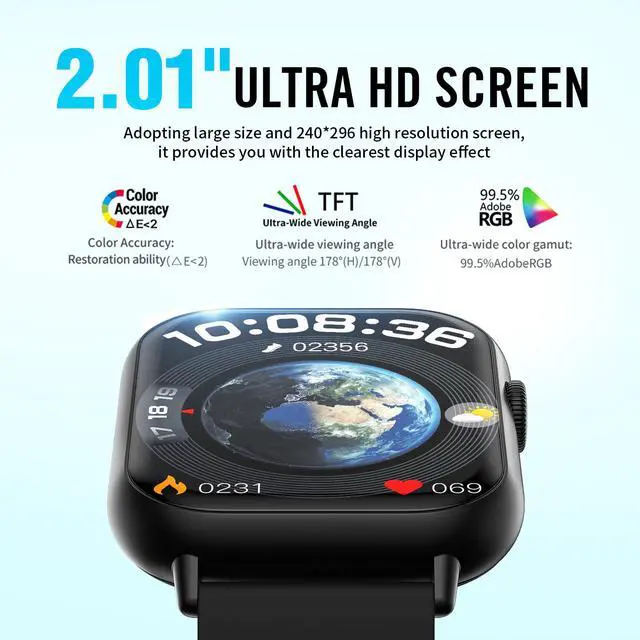 Alt view image 3 of 7 - Smart Watches for Men Women, 2.01" HD Screen Fitness Tracker Watch with Blood Pressure/Heart Rate/Sleep Monitor, Smart Watch for Android iOS Phones, IP67 Waterproof Sport Watch (Black)