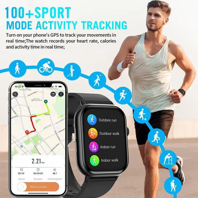 Alt view image 5 of 7 - Smart Watches for Men Women, 2.01" HD Screen Fitness Tracker Watch with Blood Pressure/Heart Rate/Sleep Monitor, Smart Watch for Android iOS Phones, IP67 Waterproof Sport Watch (Black)