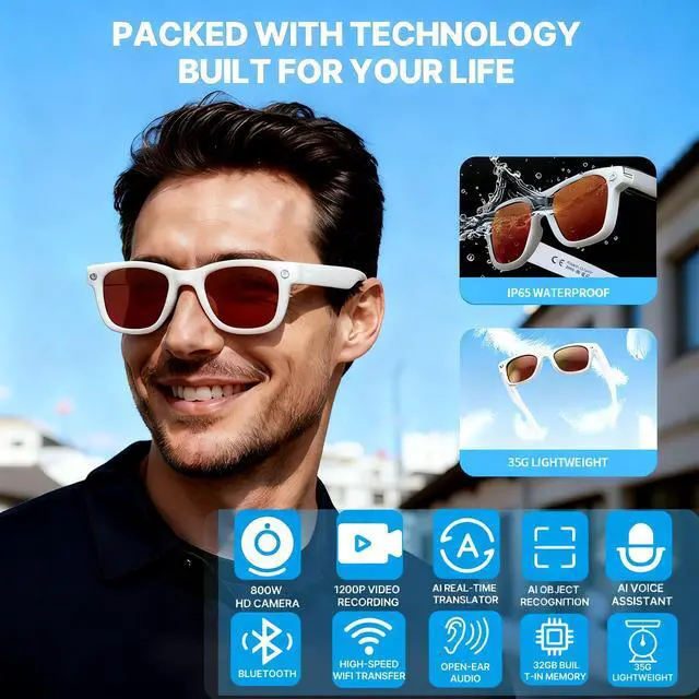 Alt view image 2 of 7 - Sunglasses with Camera for Women, 12-Min Video Recording 8MP 1200P HD UV400 | Bluetooth Smart Glasses with Dual Mic Calls and Open Ear Audio,32G AI Voice Assistant,Beach Vacation,Driving and Hiking