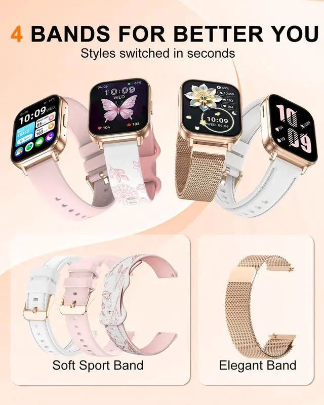 Alt view image 2 of 7 - Smart Watch for Women, 1.85" HD Fitness Tracker with Bluetooth Call, 1000mAh Battery, 130+ Sports Modes, Heart Rate/Sleep Monitor, IP68 Waterproof with 4 Bands, Compatible with iOS/Android(Rose Gold)