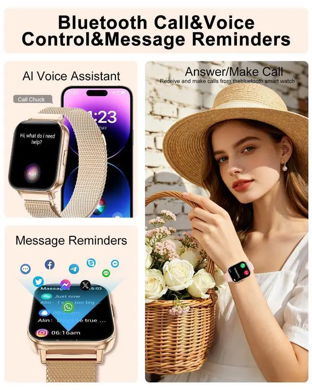 Alt view image 3 of 7 - Smart Watch for Women, 1.85" HD Fitness Tracker with Bluetooth Call, 1000mAh Battery, 130+ Sports Modes, Heart Rate/Sleep Monitor, IP68 Waterproof with 4 Bands, Compatible with iOS/Android(Rose Gold)