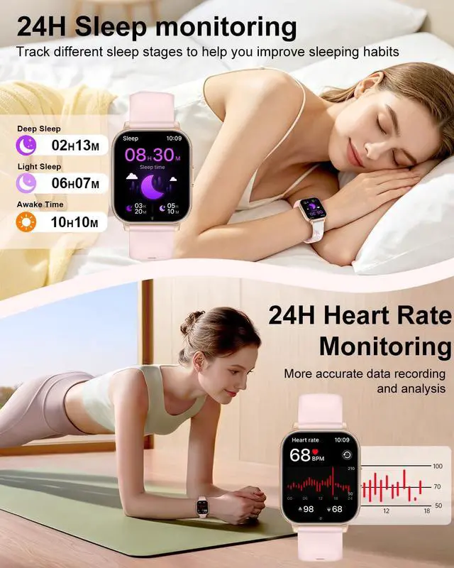 Alt view image 5 of 7 - Smart Watch for Women, 1.85" HD Fitness Tracker with Bluetooth Call, 1000mAh Battery, 130+ Sports Modes, Heart Rate/Sleep Monitor, IP68 Waterproof with 4 Bands, Compatible with iOS/Android(Rose Gold)