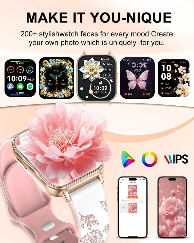 Alt view image 7 of 7 - Smart Watch for Women, 1.85" HD Fitness Tracker with Bluetooth Call, 1000mAh Battery, 130+ Sports Modes, Heart Rate/Sleep Monitor, IP68 Waterproof with 4 Bands, Compatible with iOS/Android(Rose Gold)