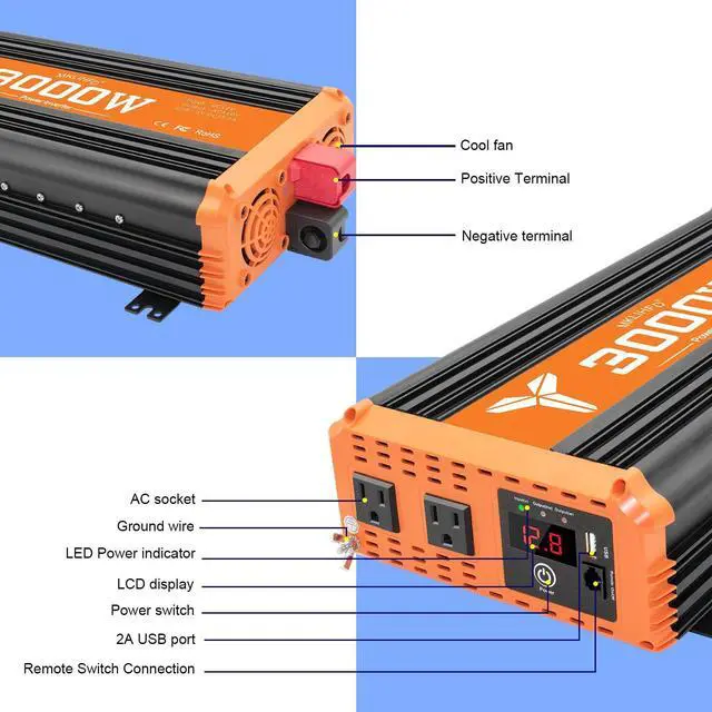 Alt view image 2 of 7 - 3000W Inverter 12V DC to 110V AC Converter for Home, RV, Truck, Off-Grid Solar Power Inverter with Built-in 5V/2.1A USB, AC Hardwire Port, Remote Controlle