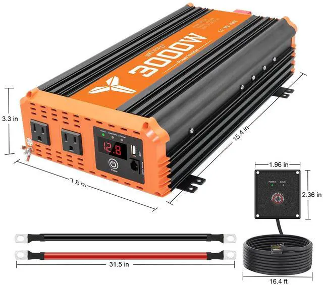 Alt view image 3 of 7 - 3000W Inverter 12V DC to 110V AC Converter for Home, RV, Truck, Off-Grid Solar Power Inverter with Built-in 5V/2.1A USB, AC Hardwire Port, Remote Controlle