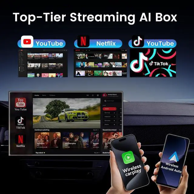 Alt view image 2 of 7 - CarPlay Box Streaming Device for Car YouTube, TikTok, Netflix CarPlay Adapter | Convert Wired to Wireless CarPlay & Android Auto | Android 13.0, 8-Core, 8GB+128GB, SM6225, Blue