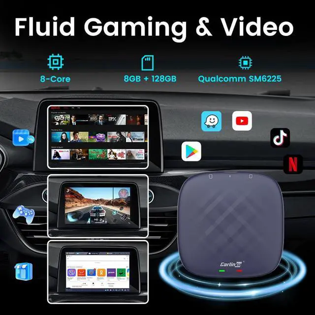Alt view image 6 of 7 - CarPlay Box Streaming Device for Car YouTube, TikTok, Netflix CarPlay Adapter | Convert Wired to Wireless CarPlay & Android Auto | Android 13.0, 8-Core, 8GB+128GB, SM6225, Blue