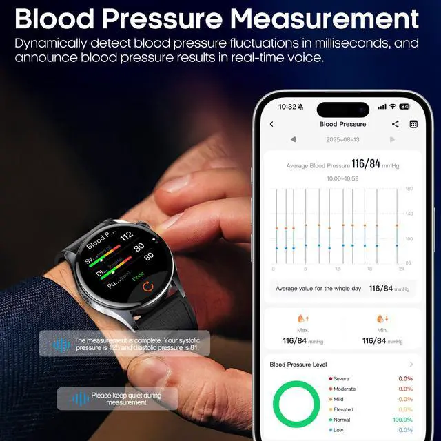 Alt view image 2 of 7 - Blood Pressure Smart Watch with Air Pump and Air Cuff, 1.56'' AMOLED Bluetooth Call Fitness Tracker, 24/7 Heart Rate Monitor Blood Oxygen Temperature Sleep Tracker for Android/iOS