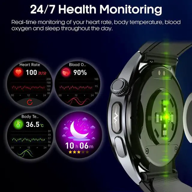 Alt view image 4 of 7 - Blood Pressure Smart Watch with Air Pump and Air Cuff, 1.56'' AMOLED Bluetooth Call Fitness Tracker, 24/7 Heart Rate Monitor Blood Oxygen Temperature Sleep Tracker for Android/iOS