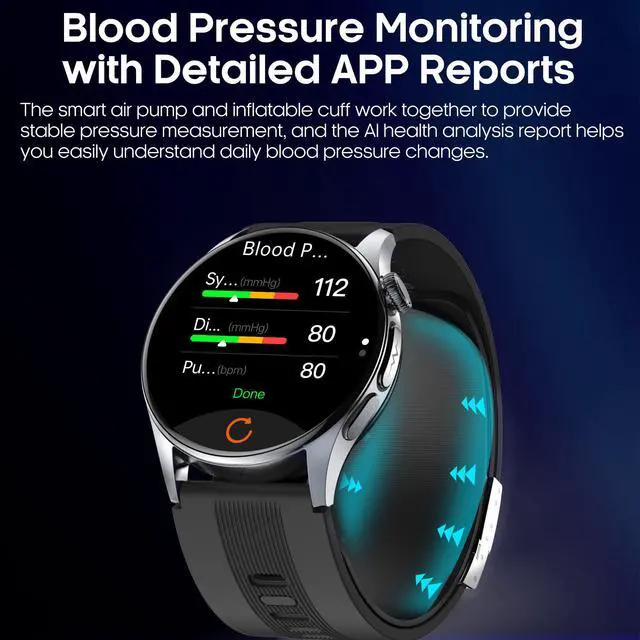 Alt view image 3 of 7 - Blood Pressure Smart Watch with Air Pump and Air Cuff, 1.56'' AMOLED Bluetooth Call Fitness Tracker, 24/7 Heart Rate Monitor Blood Oxygen Temperature Sleep Tracker for Android/iOS