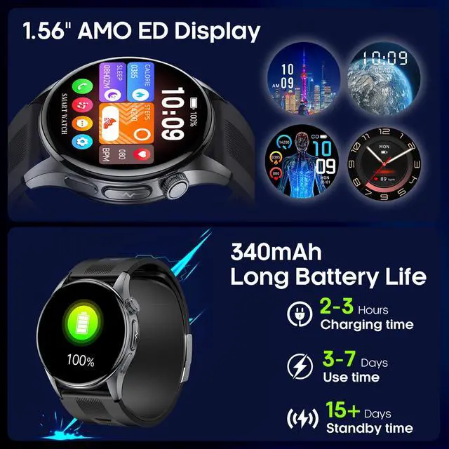 Alt view image 7 of 7 - Blood Pressure Smart Watch with Air Pump and Air Cuff, 1.56'' AMOLED Bluetooth Call Fitness Tracker, 24/7 Heart Rate Monitor Blood Oxygen Temperature Sleep Tracker for Android/iOS