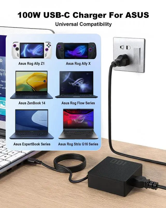 Alt view image 2 of 6 - 100W USB-C Charger for ASUS ROG Xbox Ally X Z1 Extreme, Rog Ally Handheld | For ROG Ally X / Ally / Z1 Extreme A20-100P1A; Also Flow Z13, Strix G16 G18, Zephyrus G14, VivoBook, ZenBook, ExpertBook