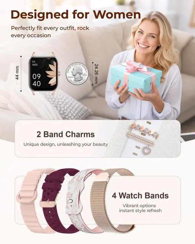 Alt view image 2 of 6 - Smart Watch for Women, 4 Bands 1.85" DIY Dial Smartwatch with Bluetooth Call, Fitness Tracker with 100 Sports Modes Heart Rate Sleep Monitor Pedometer Compatible with iPhone & Android