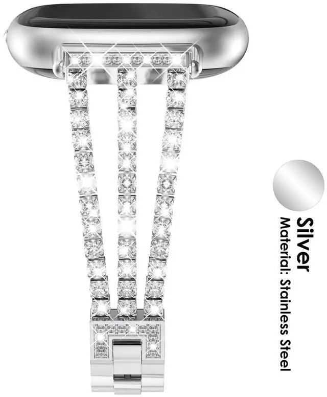 Alt view image 2 of 7 - Compatible with Fitbit Versa 4/Fitbit Versa 3 Bands for Women | Chain with Crystal Diamond Bling Metal Link Bracelet Strap Steel Versa 4/Fitbit Versa 3/Fitbit Sense/Fitbit Sense 2 Band