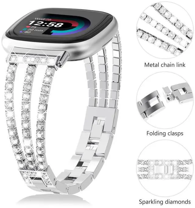 Alt view image 6 of 7 - Compatible with Fitbit Versa 4/Fitbit Versa 3 Bands for Women | Chain with Crystal Diamond Bling Metal Link Bracelet Strap Steel Versa 4/Fitbit Versa 3/Fitbit Sense/Fitbit Sense 2 Band