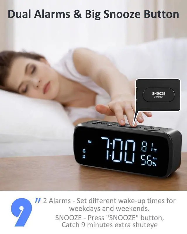 Alt view image 2 of 7 - Digital Alarm Clock with FM Radio for Bedroom | 2 Alarms with Large LED Display,Snooze,USB Charger,Preset, Dimmer,Sleep Timer,Temperature,Relative Humidit,Adjustable Volume
