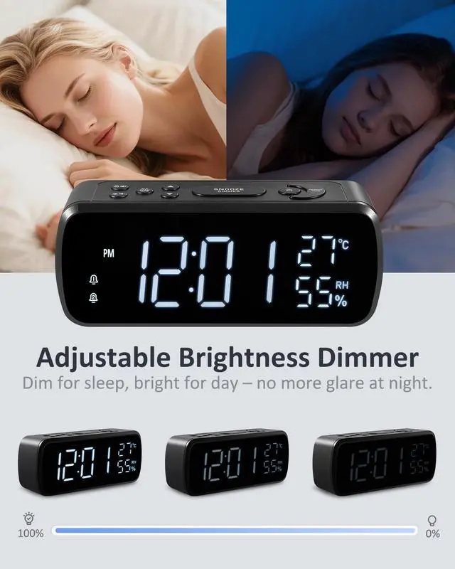 Alt view image 3 of 7 - Digital Alarm Clock with FM Radio for Bedroom | 2 Alarms with Large LED Display,Snooze,USB Charger,Preset, Dimmer,Sleep Timer,Temperature,Relative Humidit,Adjustable Volume