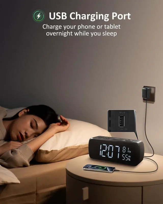 Alt view image 5 of 7 - Digital Alarm Clock with FM Radio for Bedroom | 2 Alarms with Large LED Display,Snooze,USB Charger,Preset, Dimmer,Sleep Timer,Temperature,Relative Humidit,Adjustable Volume