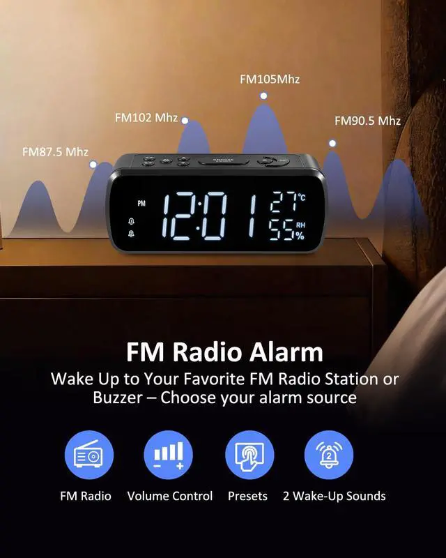 Alt view image 4 of 7 - Digital Alarm Clock with FM Radio for Bedroom | 2 Alarms with Large LED Display,Snooze,USB Charger,Preset, Dimmer,Sleep Timer,Temperature,Relative Humidit,Adjustable Volume