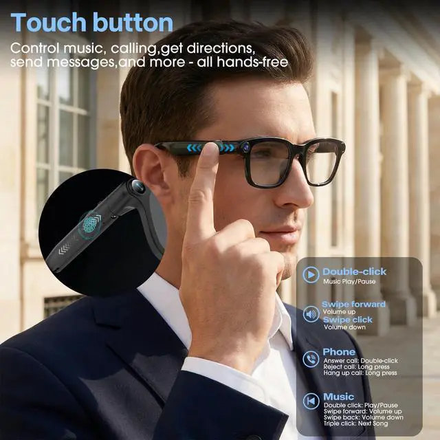 Alt view image 5 of 7 - Ai Smart Glasses with Camera, 4K 8MP HD Photo and Video Recording with Real-Time Translation/Object Recognition/AI Voice Q&A/Recording, Calls and Music, UV & Blue Light Protection, Photochromic lens