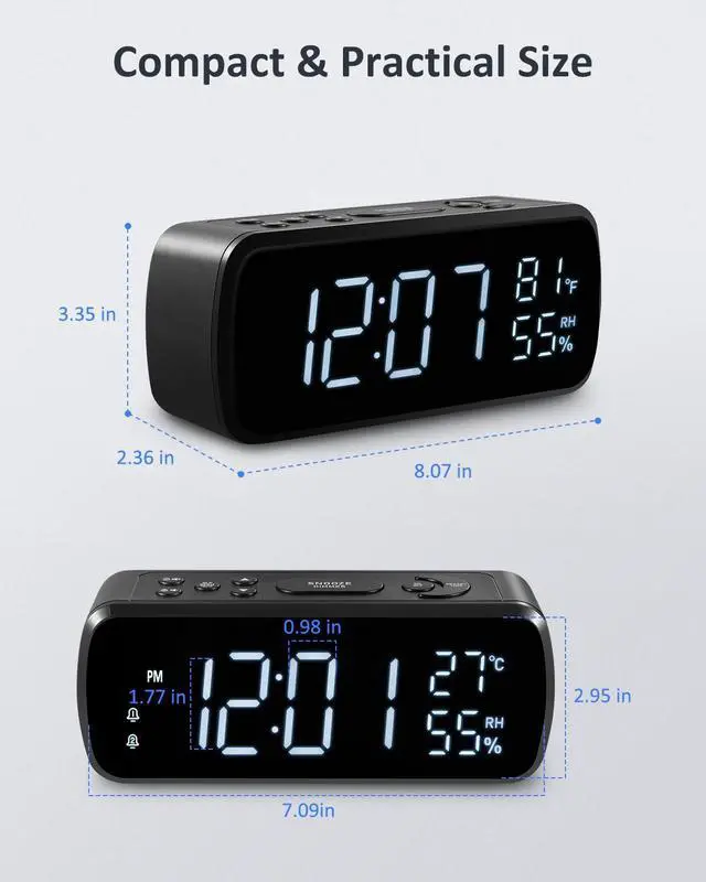 Alt view image 6 of 7 - Digital Alarm Clock with FM Radio for Bedroom | 2 Alarms with Large LED Display,Snooze,USB Charger,Preset, Dimmer,Sleep Timer,Temperature,Relative Humidit,Adjustable Volume