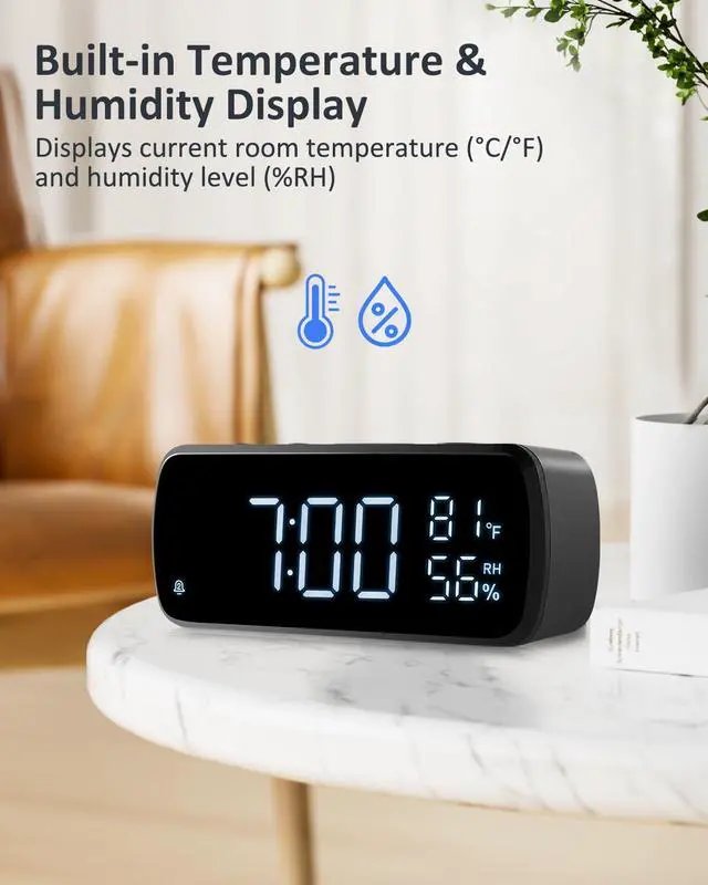 Alt view image 7 of 7 - Digital Alarm Clock with FM Radio for Bedroom | 2 Alarms with Large LED Display,Snooze,USB Charger,Preset, Dimmer,Sleep Timer,Temperature,Relative Humidit,Adjustable Volume