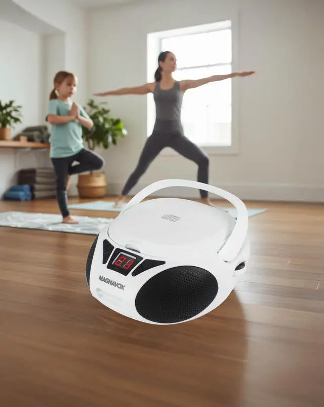 Alt view image 2 of 7 - Portable Top Loading CD Boombox with AM/FM Stereo Radio in Black | CD-R/CD-RW Compatible | LED Display | AUX Port Supported | Programmable CD Player | (White)