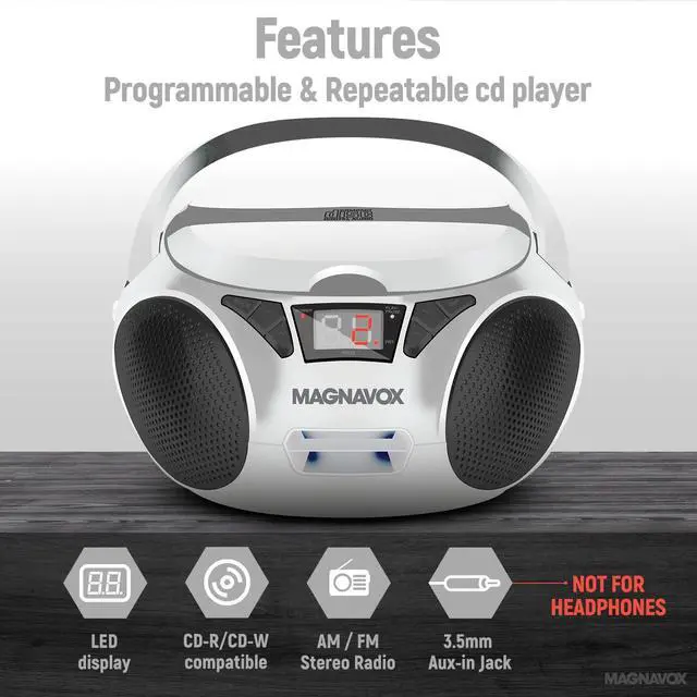 Alt view image 3 of 7 - Portable Top Loading CD Boombox with AM/FM Stereo Radio in Black | CD-R/CD-RW Compatible | LED Display | AUX Port Supported | Programmable CD Player | (White)