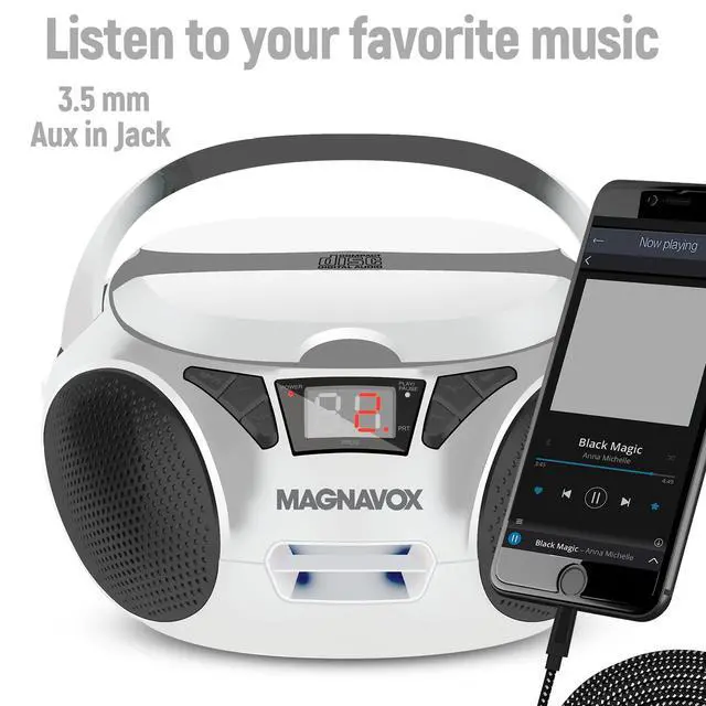 Alt view image 6 of 7 - Portable Top Loading CD Boombox with AM/FM Stereo Radio in Black | CD-R/CD-RW Compatible | LED Display | AUX Port Supported | Programmable CD Player | (White)
