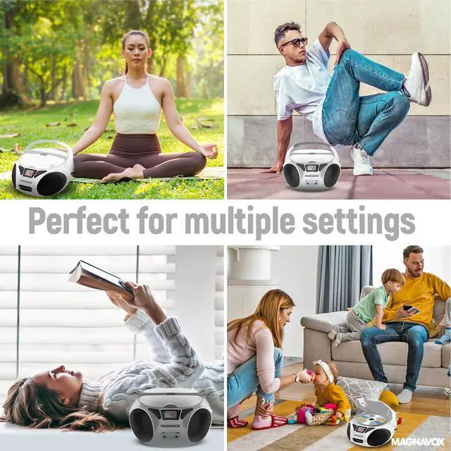 Alt view image 7 of 7 - Portable Top Loading CD Boombox with AM/FM Stereo Radio in Black | CD-R/CD-RW Compatible | LED Display | AUX Port Supported | Programmable CD Player | (White)