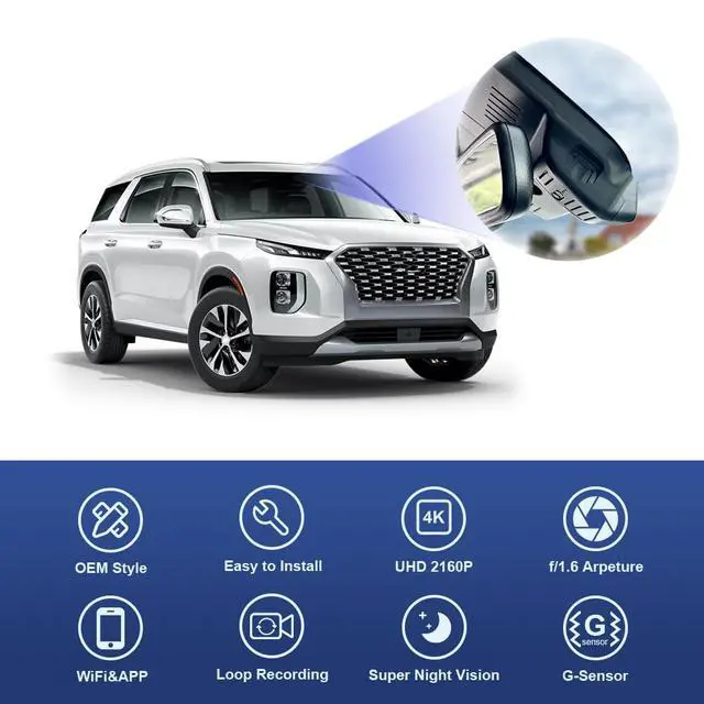 Alt view image 4 of 7 - 4K Dash Cam Suitable for Hyundai Palisade 2020 2021 2022 (Part No#S8000) Limited SE SEL Calligraphy, OEM Look, UHD 2160P Video, Loop Recording, WiFi & APP, G-Sensor, Easy to Set, 64GB Card