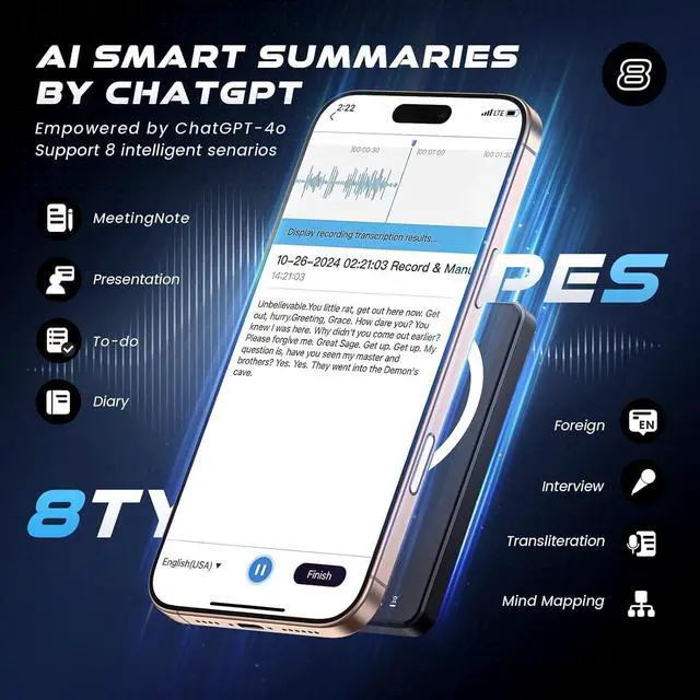 Alt view image 3 of 7 - Bantropolis AI Voice Recorder 64GB, Intelligent Transcription and summarization, Supports 107 Languages, with 3000mAh Magnetic Charging, Suitable for Meetings, lectures, Calls and interviews